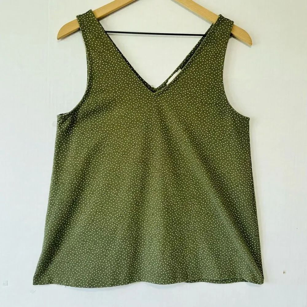 LOFT Outlet Olive Green With White Polka Dots Sleeveless Top Sz L